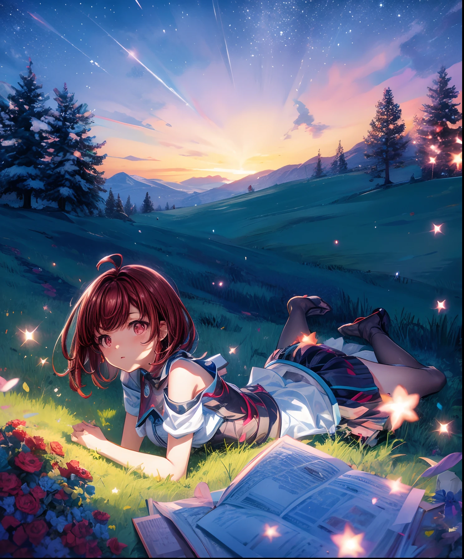 描述一個可愛的女孩角色躺在草山上的場景, 抬頭仰望星空. 用色彩繽紛的星雲和她最喜歡的星座包圍她.