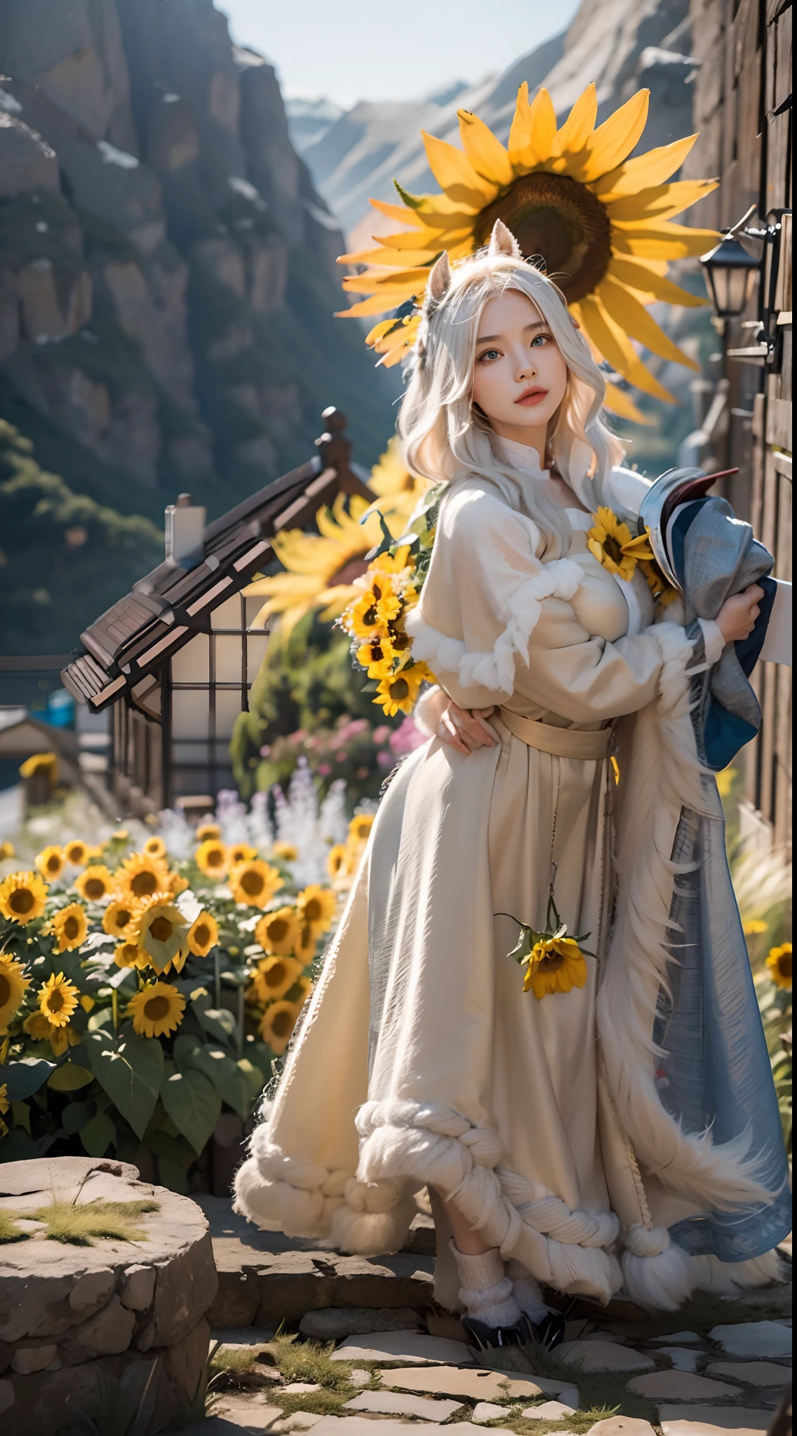 In a very grand scene，The extra-large wide-angle lens captures the appearance of a female centaur。She is a Sunflower Worship nun，Always opposed（Healing smiley face of knitted sunflower puppet😊：99.99）DOA。She is tall，It has the ultimate curvy beauty，The muscles are slender and firm，Beautiful lines。She has（Super huge sky blue eyes：99.99）、always（Wearing sexy glasses：6.66）、（She wears solemn nun attire：9.9）、Stepping on a boot-style skyscraper-heel、A pink cross hangs on his chest。Use Midjourney's advanced tools，Designed for female centaurs（A knitted sunflower puppet and create a super healing cartoon smiley face in the center of the flower tray as a decoration：9.9），and noble and solemn nun costumes，and highlight her unique physiological characteristics and appearance details，Add realism。And in the context of her prayers and listening to confessions，Spectacular views of nature，Such as the sky where storms and sunny days alternate、Brilliant rivers of stars and auroras、The snow-capped summit of Mount Everest、Fireworks in the mountain town, etc。ao mesmo tempo，Away from the hustle and bustle next to the chapel，Create a fantastic scene。Use Midjourney's advanced tools and multiple color palettes、Brush Strokes、Texture tools and model packages，It shows a sense of atmosphere where beauty and charm coexist。The charm of the female centaur is highlighted through color and lines，Enhance realism with detailing，Create a surreal dreamy feeling。Additionally，Use Midjourney's tools to add various exorcism props and books to the female centaur、pergaminhos，Create intricate hairstyles and outfits，Give her a sense of premium。She never flinches，No matter what monster you encounter，can respond quickly，Even the most extreme armies of natural disasters and monsters could not stop her and her front（Sunflower with Tyndall effect that emits sunlight9.99）。Use Midjourney's powerful tools，You can do it with incredible detail and beauty，Bring this ultra-grand and beautiful scene to life。Ultra-grand scenes，s