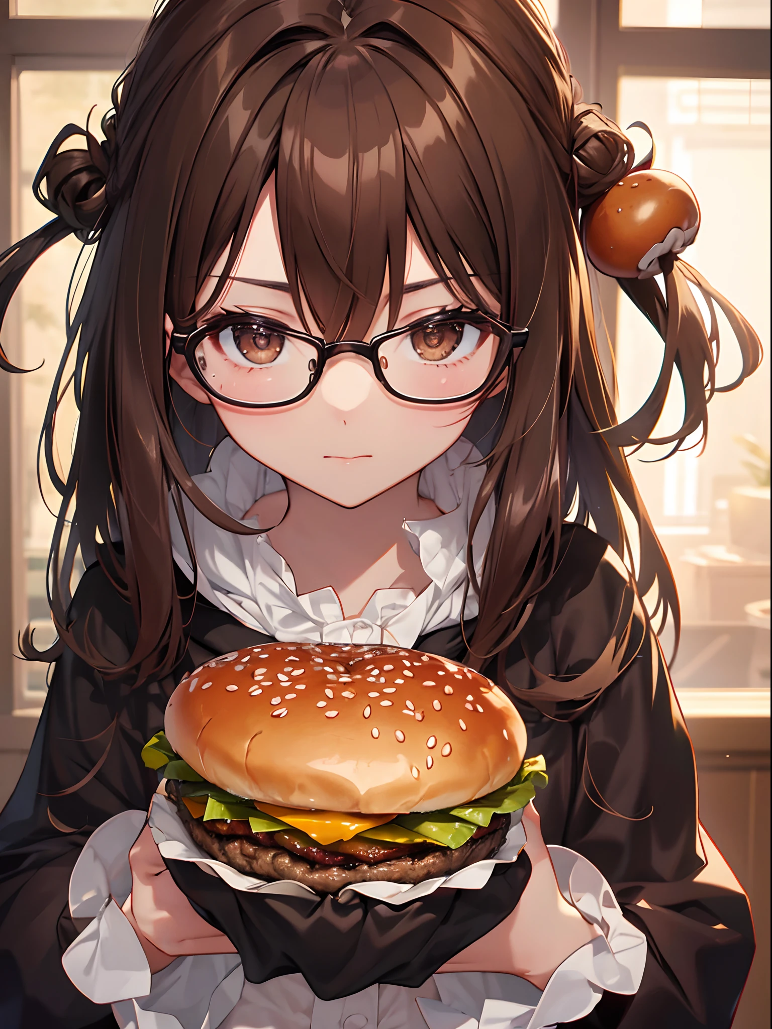 Sex 1 person、brown haired(Curta)、Brown eyes、Black-rimmed glasses、Best  Quality、ultra-detailliert、8K resolution、Raw photo、masutepiece、gorgeous  faces、Perfect body、Cheek up a hamburger - SeaArt AI