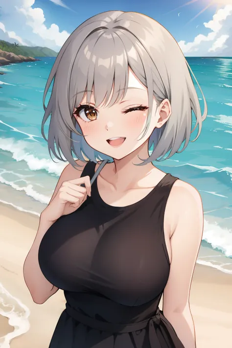 One Girl Short Hair Grey Hair Brown Eyes One Eye Closed Seaart Ai 4052