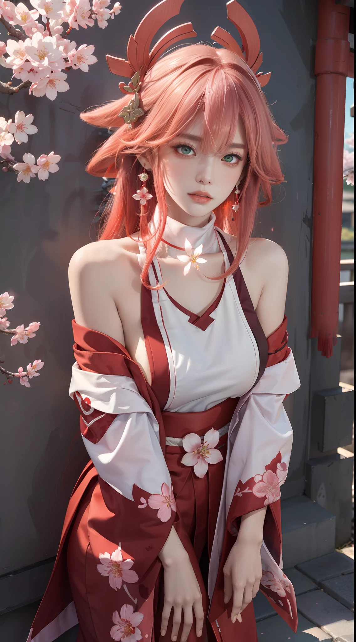 (Masterpiece, Excellent, 1girl, solo, complex details, color difference), realism, ((medium breath)), off-the-shoulders, big breasts, sexy, Yae Miko, long pink hair, red headdress, red highlight, hair above one eye, green eyes, earrings, sharp eyes, perfectly symmetrical figure, choker, neon shirt, open jacket, turtleneck sweater, against the wall, brick wall, graffiti, dim lighting, alley, looking at the audience, ((mean, seductive, charming)), ((cherry blossom background ))),((Japanese temple background)))), (((Glow-in-the-dark background)))