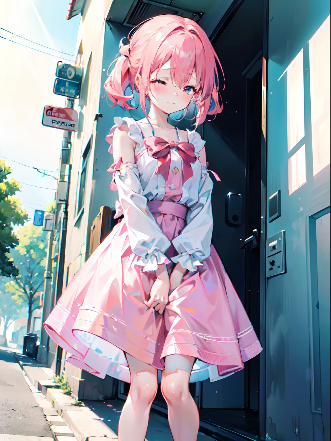 ((absurderes)),  ((masutepiece)),  (Best quality),  (Lens flare),  (Ultra-detailed),  (Beautiful),  ((Cute girl)),  Solo,  Beautiful face,  White skin, masutepiece,  (10 years old: 1.3),  Cute pink hair,  (Girl in cute dress、A girl goes to the toilet、 standing, is crying, closing her eyes, Tears from the eyes, embarrassed from, Blushing),  A street(The girl is peeing: 1.2),