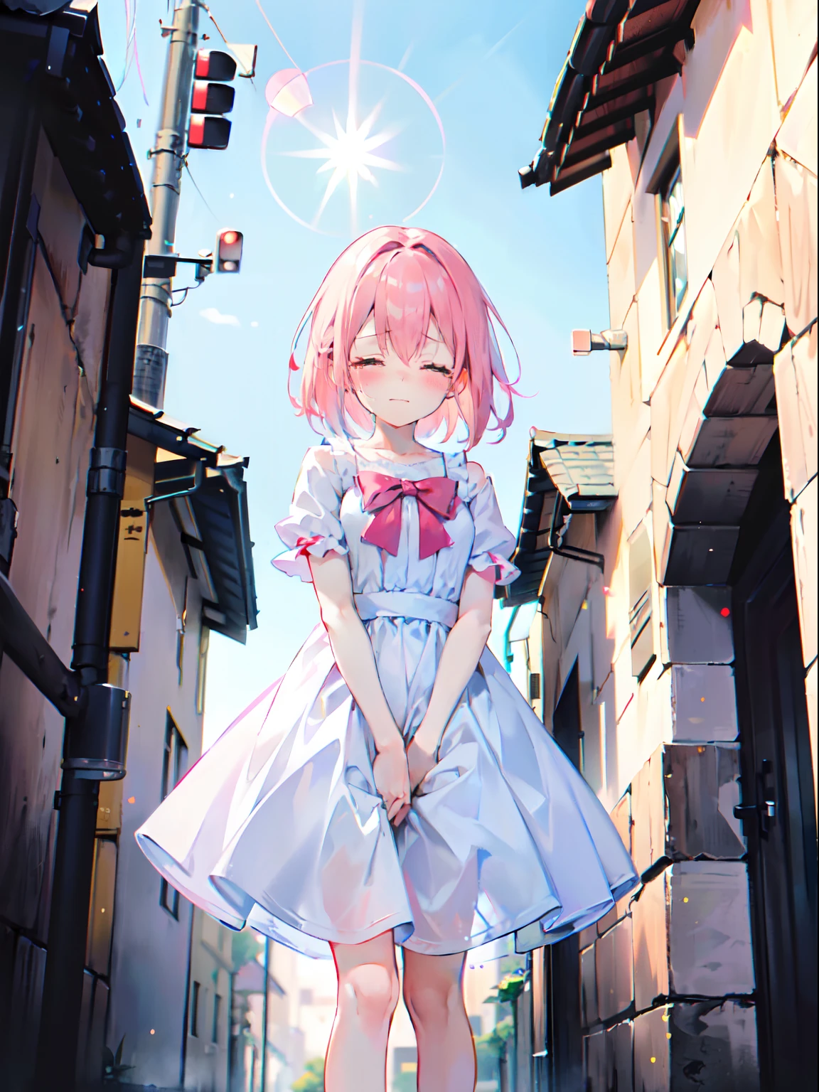 ((absurderes)),  ((masutepiece)),  (Best quality),  (Lens flare),  (Ultra-detailed),  (Beautiful),  ((Cute girl)),  Solo,  Beautiful face,  White skin, masutepiece,  (10 years old: 1.3),  Cute pink hair,  (Girl in cute dress、A girl goes to the toilet、 standing, is crying, closing her eyes, Tears from the eyes, embarrassed from, Blushing),  A street(The girl is peeing: 1.2),