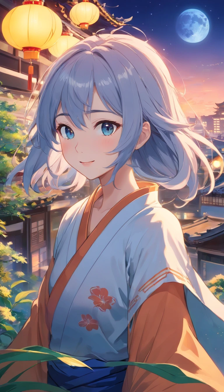 Best quality at best，tmasterpiece，The is very detailed，Face details，8K, detailed back ground，1girll，独奏，Silver hair，eBlue eyes，，long whitr hair，wavey hair，voluminous hair，，，Blushlush，ssmile，Shawl，Chinese city，Chinese service，the night，themoon，scenecy，high place，horizon，ventania，wind blown，flowerbed，looking at viewert