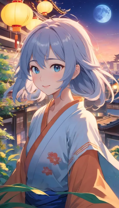 Best quality at best，tmasterpiece，The is very detailed，Face details，8K, detailed back ground，1girll，独奏，Silver hair，eBlue eyes，，long whitr hair，wavey hair，voluminous hair，，，Blushlush，ssmile，Shawl，Chinese city，Chinese service，the night，themoon，scenecy，high p...