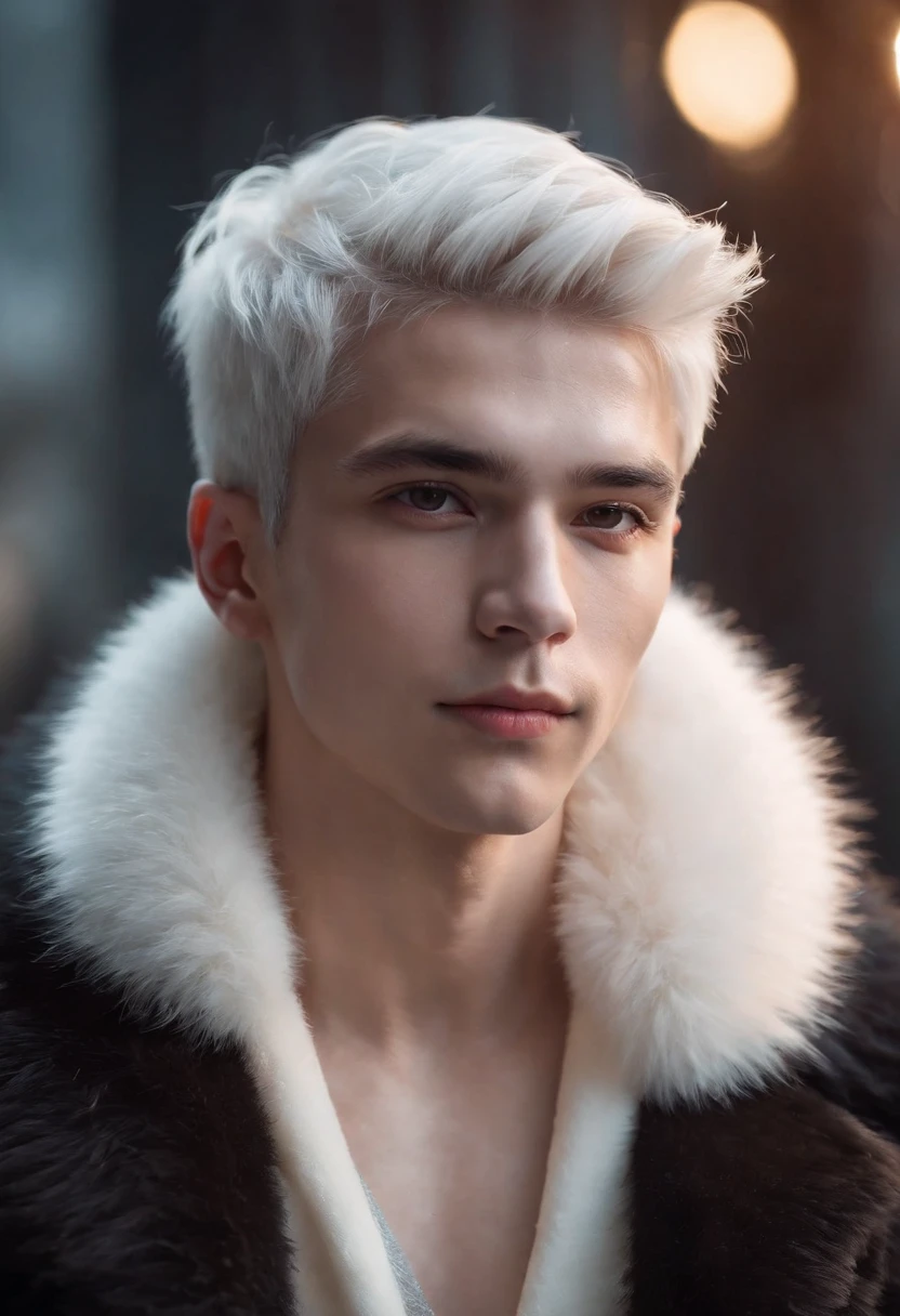 Young man, 20 years old, white hair, two block haircut , shirtless, wearing a black fur coat , reality photo, reality skin, detailed skin, glowing light eyes, Biomechanical, eerie, Creepy, nightmarish, Very bright colors, Light particles, with light glowing, Mshiff, wallpaper art, UHD wallpaper