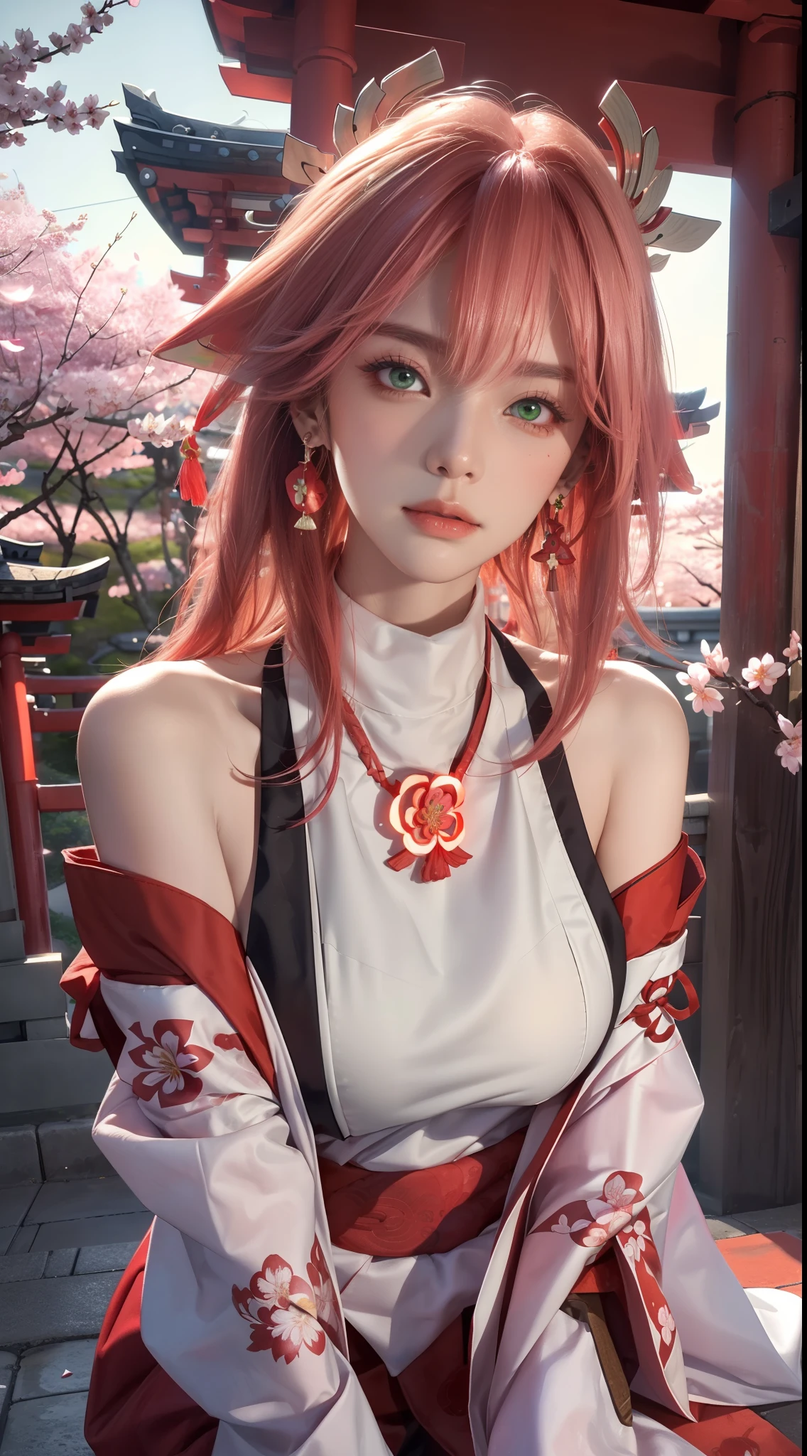 (Masterpiece, Excellent, 1girl, solo, complex details, color difference), realism, ((medium breath)), off-the-shoulders, big breasts, sexy, Yae Miko, long pink hair, red headdress, red highlight, hair above one eye, green eyes, earrings, sharp eyes, perfectly symmetrical figure, choker, neon shirt, open jacket, turtleneck sweater, against the wall, brick wall, graffiti, dim lighting, alley, looking at the audience, ((mean, seductive, charming)), ((cherry blossom background ))),((Japanese temple background)))), (((Glow-in-the-dark background)))