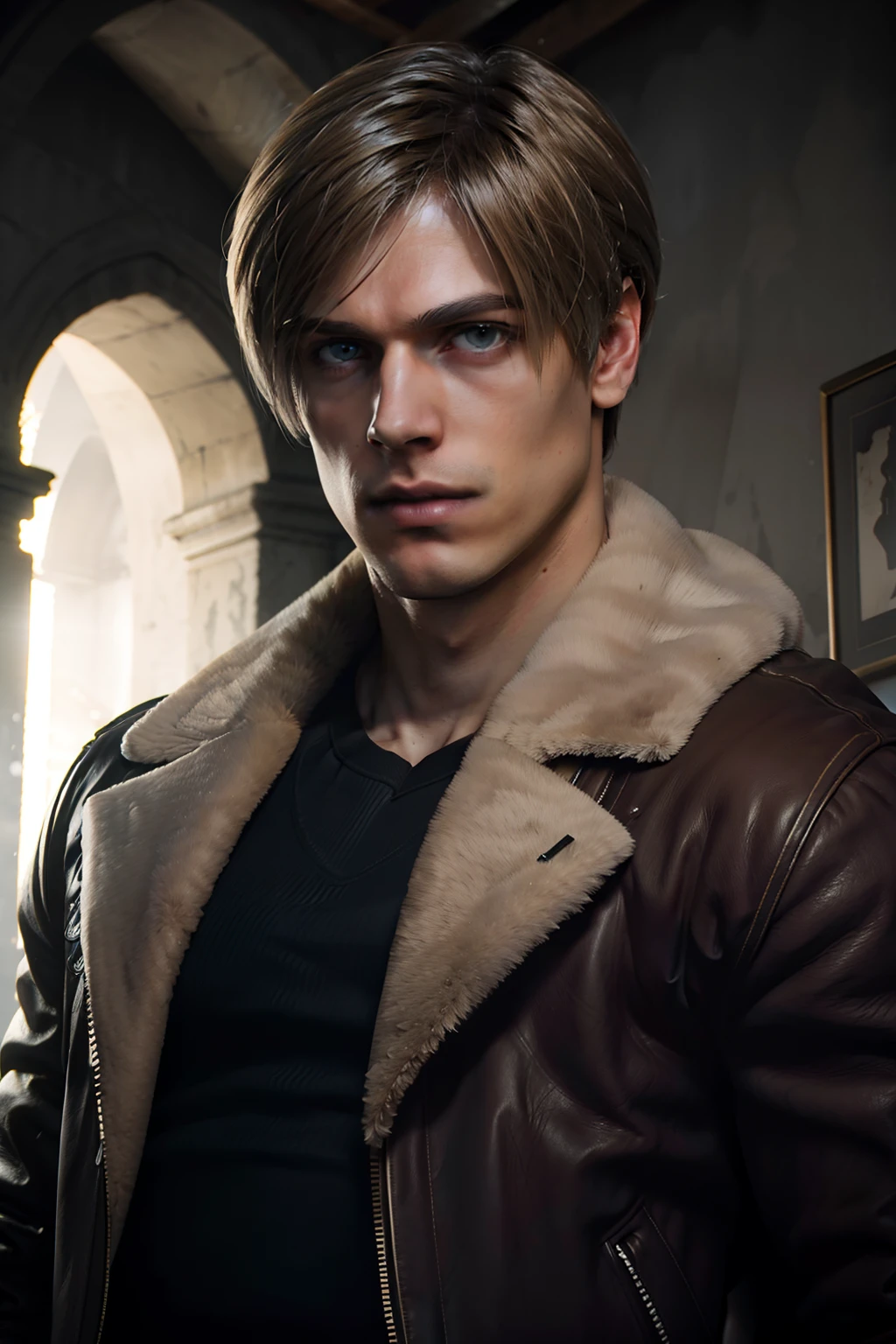 1 man, flat style, illustration, young man, 27 year old, Leon S. Kennedy from Resident evil 4, face of Eudard Badaluta, solo, white skin, muscular, lean muscle man, tall, hunk, wide shoulder, clean-shaven, light blond hair, curtain hairstyle, dark brown cold long sleeve leather jacket with white fur on the neck, black color T shirt inside, black pant, holding a pistol on right hand, viewer looking, high resolution:1.2, best quality, upper body shot, close up shot, cloudy sky and old Spanish village background, nightime, low camera angle, volumetric lighting, depth of field, shadow