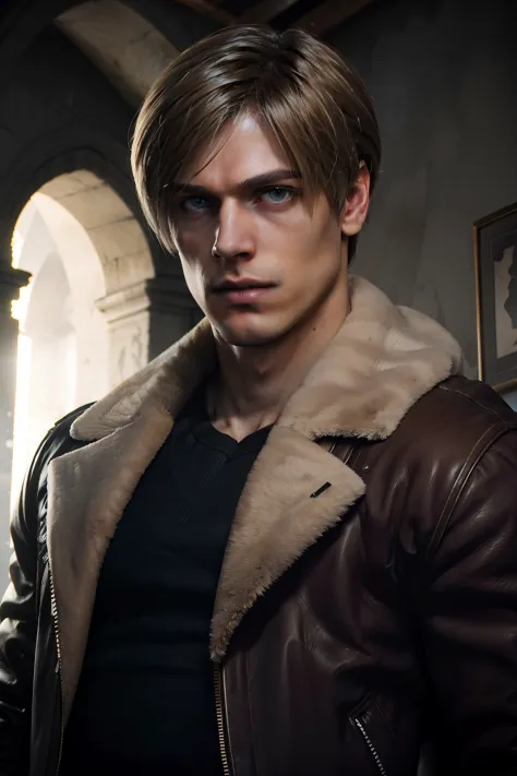 1 man, flat style, illustration, young man, 27 year old, Leon S. Kennedy from Resident evil 4, face of Eudard Badaluta, solo, wh...