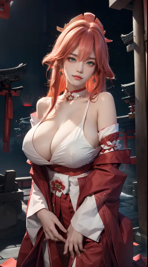（tmasterpiece，Need，1girl，solo，The details are complex，color difference），photorealestic，（（Medium breath）），cropped shoulders，huge tit，Raised sexy，yae miko，ssmile，Pink Long Hair，red headgear，Red highlight，Hair above one eye，Green eyes，耳Nipple Ring，sharp look，...