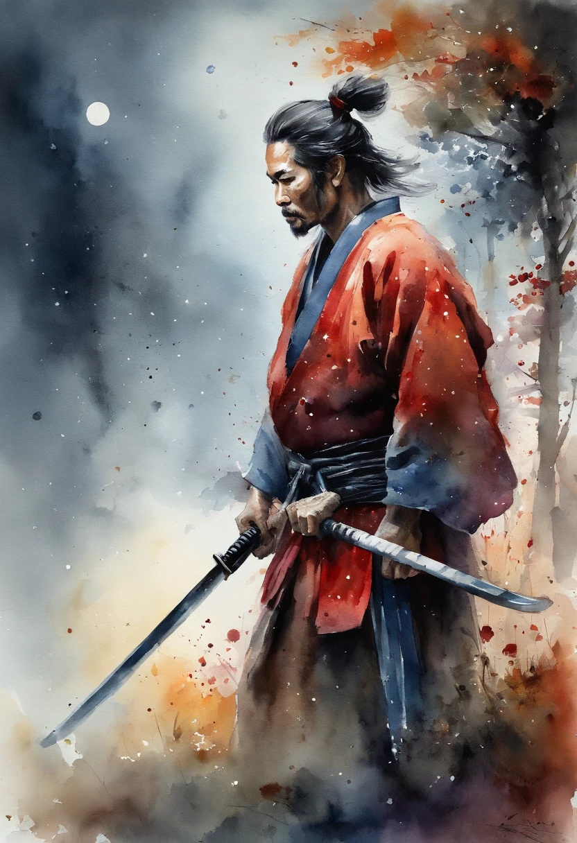 The samurai holds a katana, Starry skies and mist shroud the landscape.Face the audience