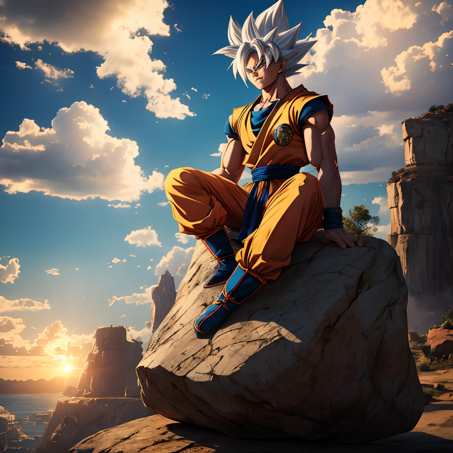 Goku, sitting on a rock, golden armor, white hair, epic sky