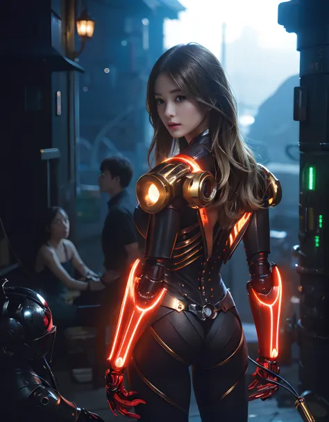 (1 Mechanical Girl)、top-quality、​masterpiece、超A high resolution、(Photorealsitic:1.4)、Raw photo、女の子1人、Golden hair、glowy skin、(((1 Mechanical Girl)))、With a beautiful knife、（Gold Metal Bodysuit）、(beautiful forest background)、Precipitous cliffs、(Small LED)、((...