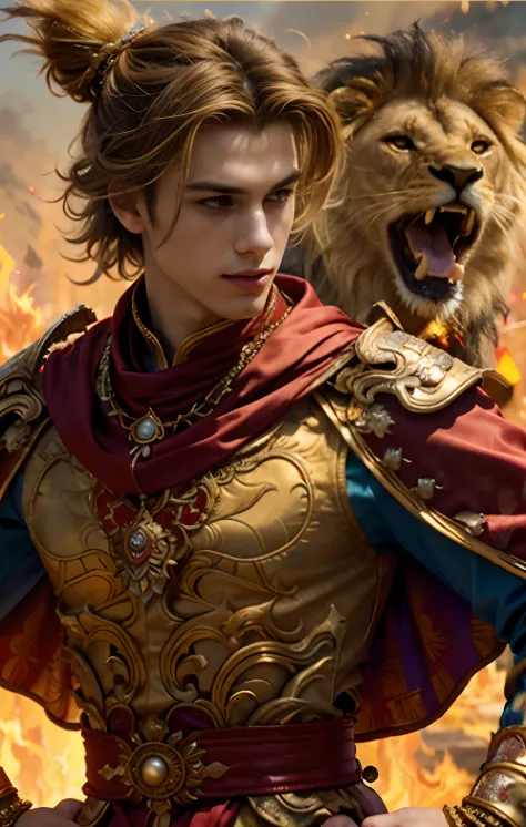 (1male) , The young man of the sun god looks interesting..............((Standing next to a lion)).,,Against the backdrop of flam...
