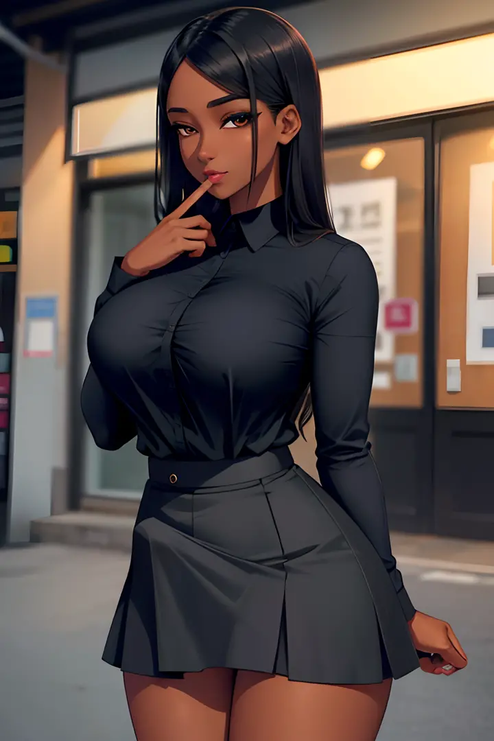 skirt, cloth bulge, 1girl, futanari, dark_skin, black_hair, large_breasts, dress_shirt,, beautiful, (masterpiece:1.2), (best quality:1.2), perfect eyes, perfect face,