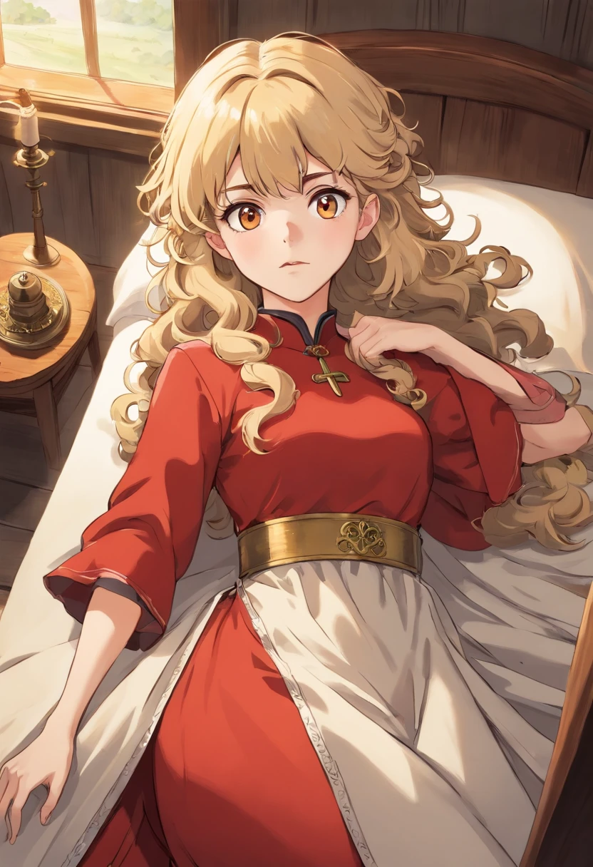 Anime girl laying in bed with long blonde hair and red dress - SeaArt AI