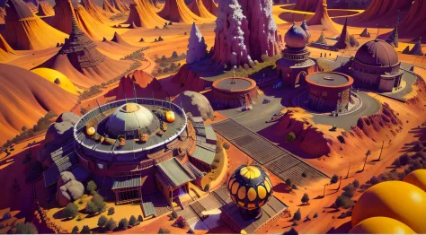 Alien Fall Base (Very detailed) In the mountainous desert，There are several exhaust fans and yellow chimneys, Some neon lights come out of the base to illuminate the dark place, (Extreme nights), Some clouds in the night sky, Some of the surrounding planet...