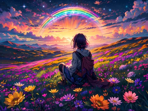 A wide landscape photo, (viewed from below, the sky is above, and the open field is below), an anime girl sitting on colorful fl...
