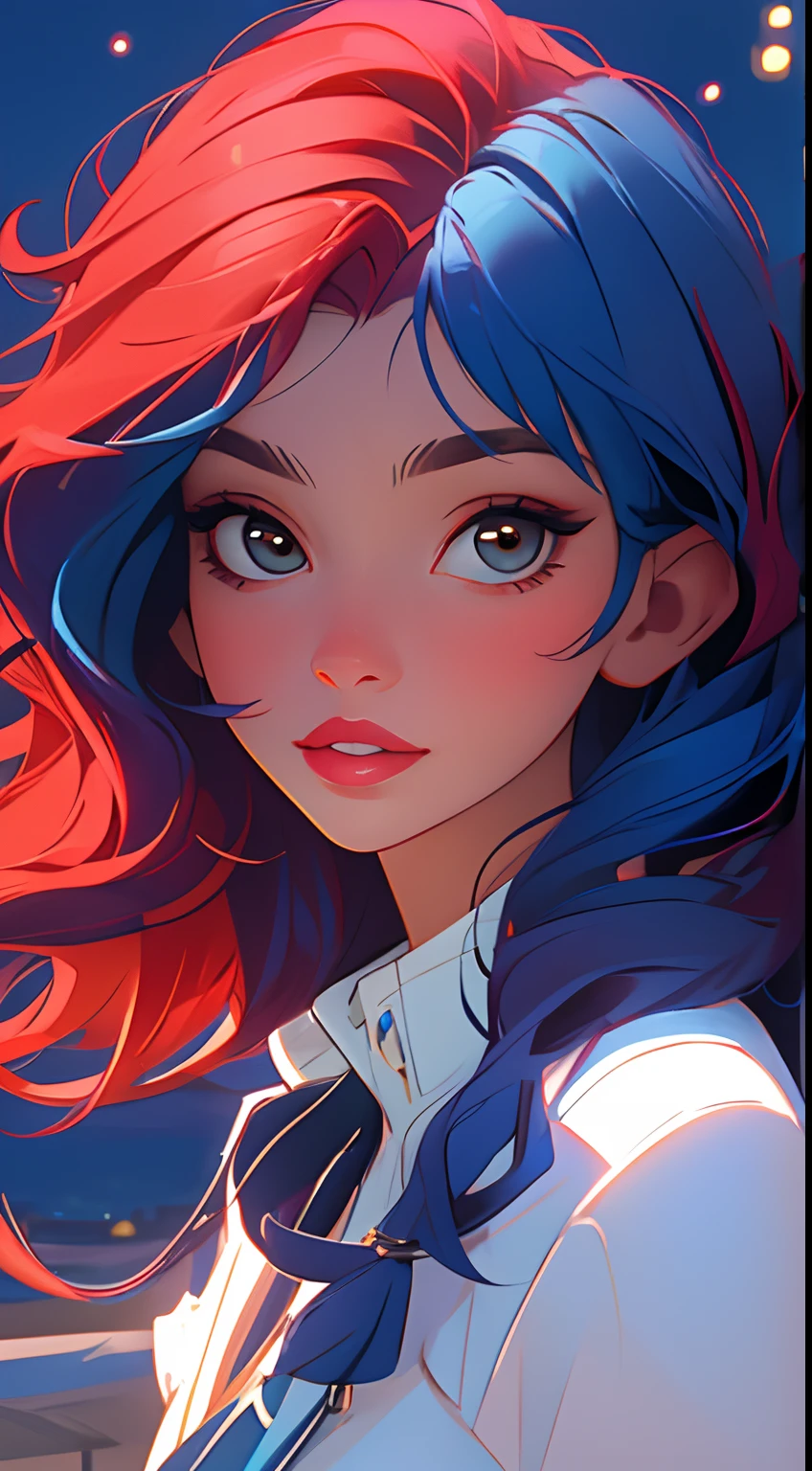 (Masterpiece:1.2), (Best Quality:1.2), night time, (looking a viewer), Bright skin, exteriors, fringe, long bright blue hair, (Wavy Hair), soft lips, glossy lips, Highly detailed, (semi-realistic:1.2), red hair