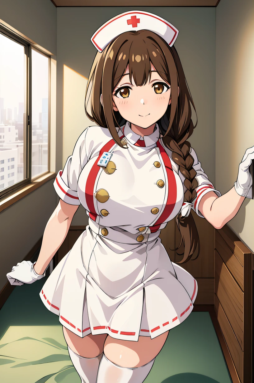 kuwayama chiyuki, ahoge, single braid, hair over shoulder, brown hair, brown eyes, large breasts, solo, nurse, ((white nurse cap, white nurse's outfit)), ((white legwear, zettai ryouiki)), white gloves, smile, standing, hospital room, sharp outline, short sleeves, best quality, masterpiece