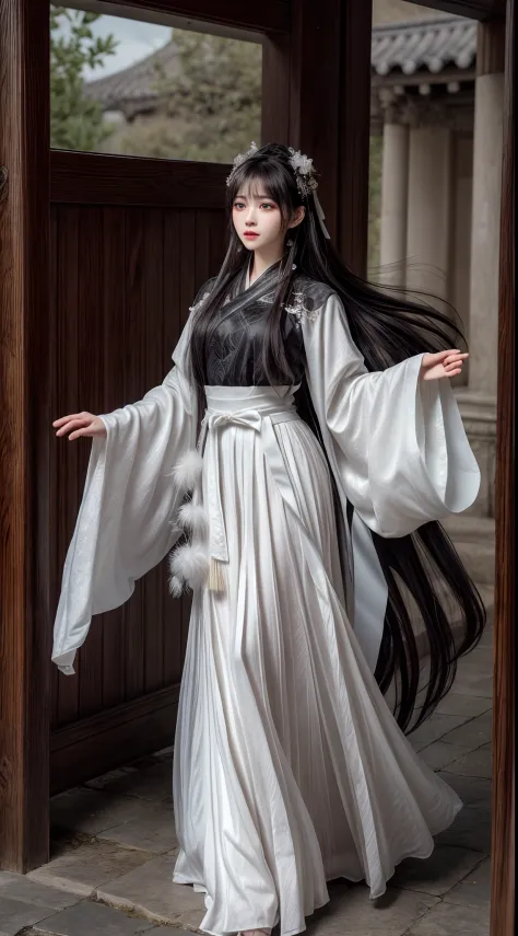 (Best quality,4K,high resolution,Masterpiece:1.2), Ultra-detailed, Photorealistic, Black and white hanfu with black embroidery, ...