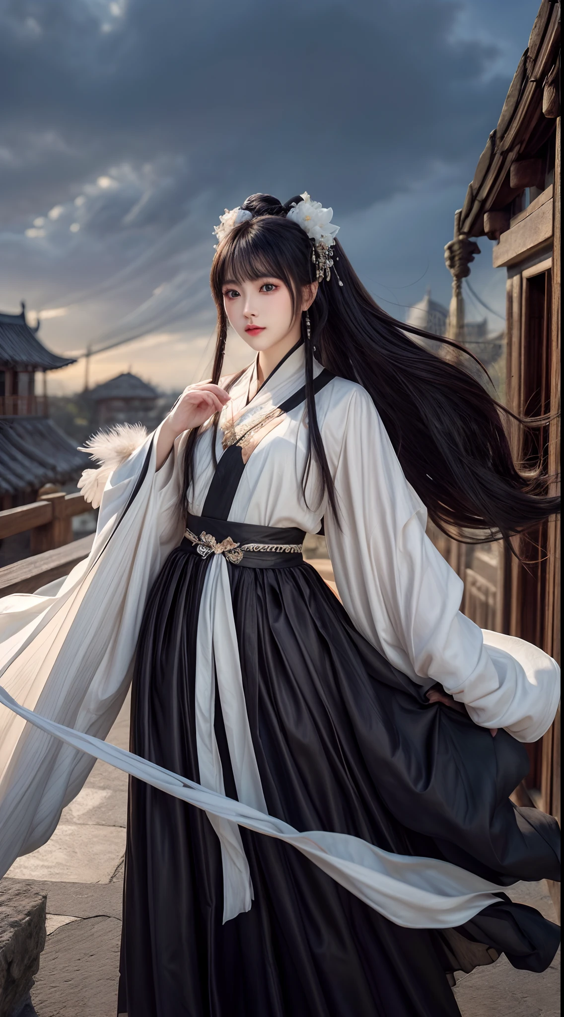 (Best quality,4K,high resolution,Masterpiece:1.2), Ultra-detailed, Photorealistic, Black and white hanfu with black embroidery, Elegant white ponytail, long and flowing hair, White mask, The mask flutters in the wind, Fringed Hair Ornament, Peony flower, Ancient wind, oversized sleeves, Dynamic posing, Dramatic composition, Falling petals, red waistband, intricate background, Ancient architecture, A thin mist and thick clouds, Swirling clouds, Cinematic lighting, Complex feather background.