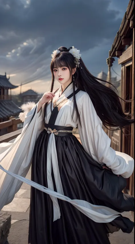 (Best quality,4K,high resolution,Masterpiece:1.2), Ultra-detailed, Photorealistic, Black and white hanfu with black embroidery, ...