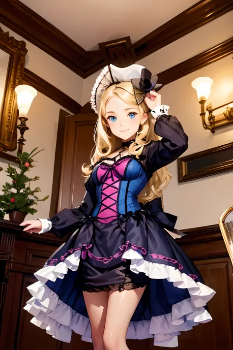 village realisticlying、Virginia Otis 15-year-old blonde hair blue eyes、City of victorian age, Europe. aristocrat girl、Looking up from below、 wear long sleeve sheer fabric dress、Various dynamic  sexy poses、Face smile、cute face, Depicts the whole body、
