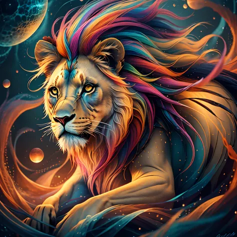 a painting of a colored lion on a black background, breathtaking rendering, within a radiant connection, inspired by Kinuko Y. C...