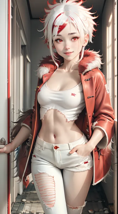 1 girl,realistic anime girl, young girl, short hairs, wearing (((red fur coat, white t-shirt, denim jeans))),((( white hair with...