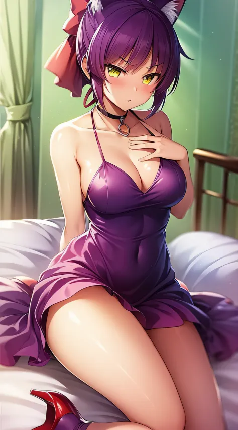 an anime girl、Cat Girl、18year old、Purple short ponytail hair、big red ribbon、Yellow Eye、Glaring、Slender figure、small tits、a black choker、White blouses、Red dress、Red high heels、Lying in bed