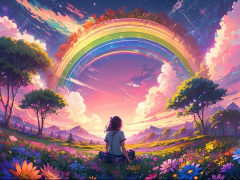 A wide landscape photo, (viewed from below, the sky with rainbow is above, and the open field is below), an anime girl sitting o...