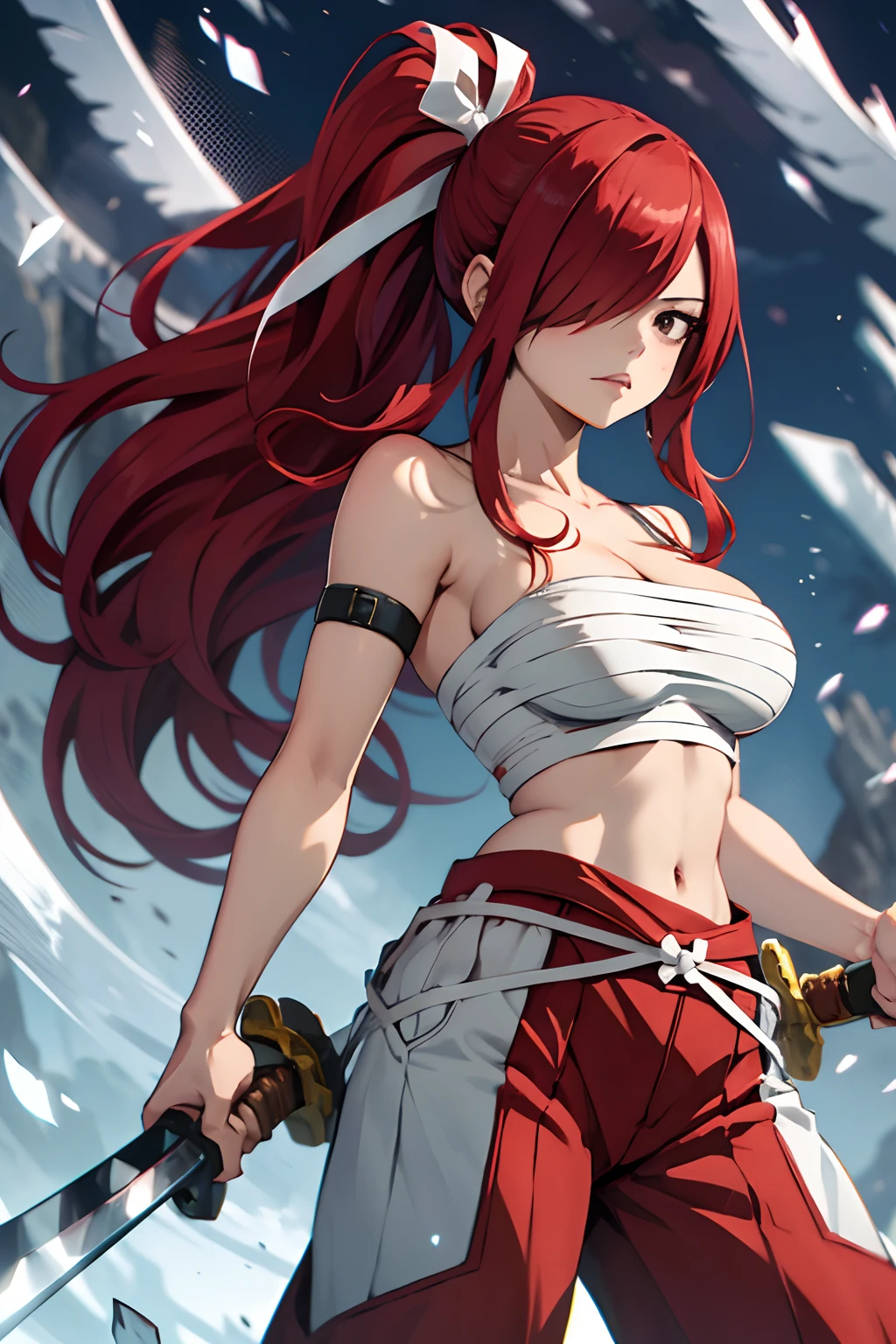 masterpiece, best quality, highres, fairy tail, 1girl, long hair, red hair, ponytail, white ribbon, hair over one eye, brown eyes, large breasts, collarbone, chest sarashi, bandage, bare arms, midriff, red hakama, red pants, standing, holding weapon, sword, katana, outdoors,