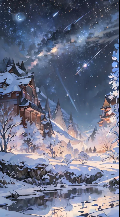(Desperate meteorite、A huge meteorite is falling:1.8)、((Background with、Winters、snowscape、Silver World、Wide night sky、nighttime scene、Will、Shining stars、Fantastical、shooting stars、Shining stars、Twinkling Stars、constellation、Meteor swarm、Starry sky reflecti...