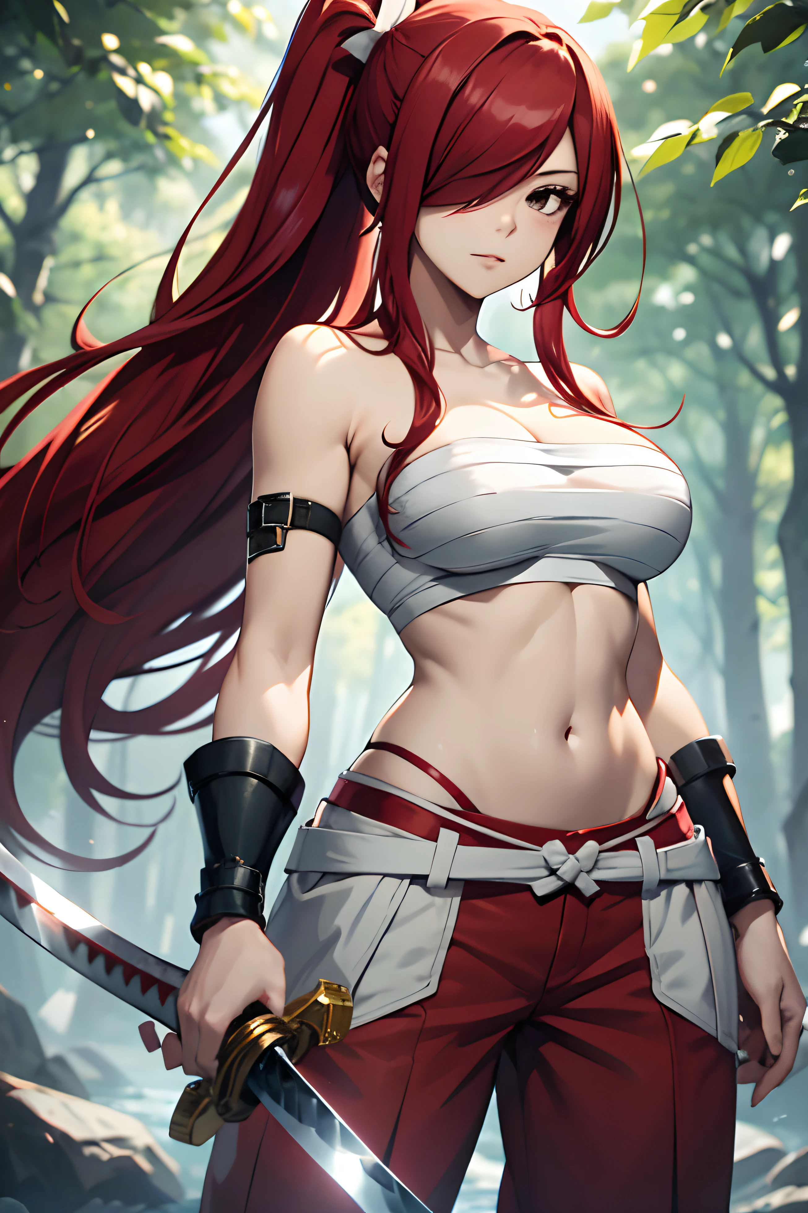 masterpiece, best quality, highres, fairy tail, 1girl, long hair, red hair, ponytail, white ribbon, hair over one eye, brown eyes, large breasts, collarbone, chest sarashi, bandage, bare arms, midriff, red hakama, red pants, standing, holding weapon, sword, katana, outdoors,