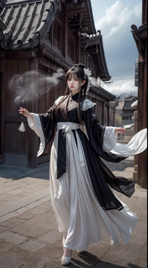 (Best quality,4K,high resolution,Masterpiece:1.2), Ultra-detailed, Photorealistic, Black and white hanfu with black embroidery, ...