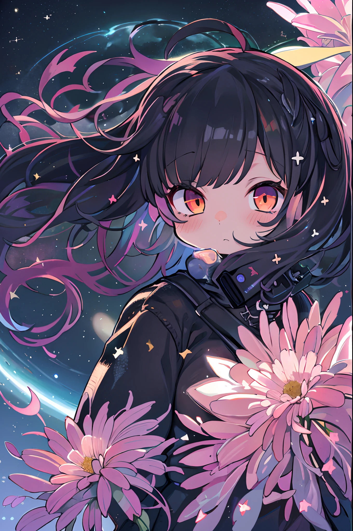 (Best Quality, masutepiece), 1girl in, Pose, Particle, Wind, flower, Upper body, Simple background, Looking at Viewer, Black rowdy hair, cosmic, nebulas, Galaxy