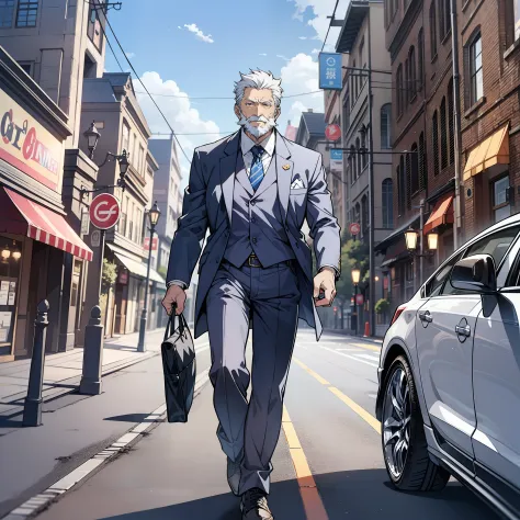 60 years old anime gray hair old man，White beard 1.5，Wearing a blue suit，Stand next to the luxury car on the street（smile1.5）（Wa...