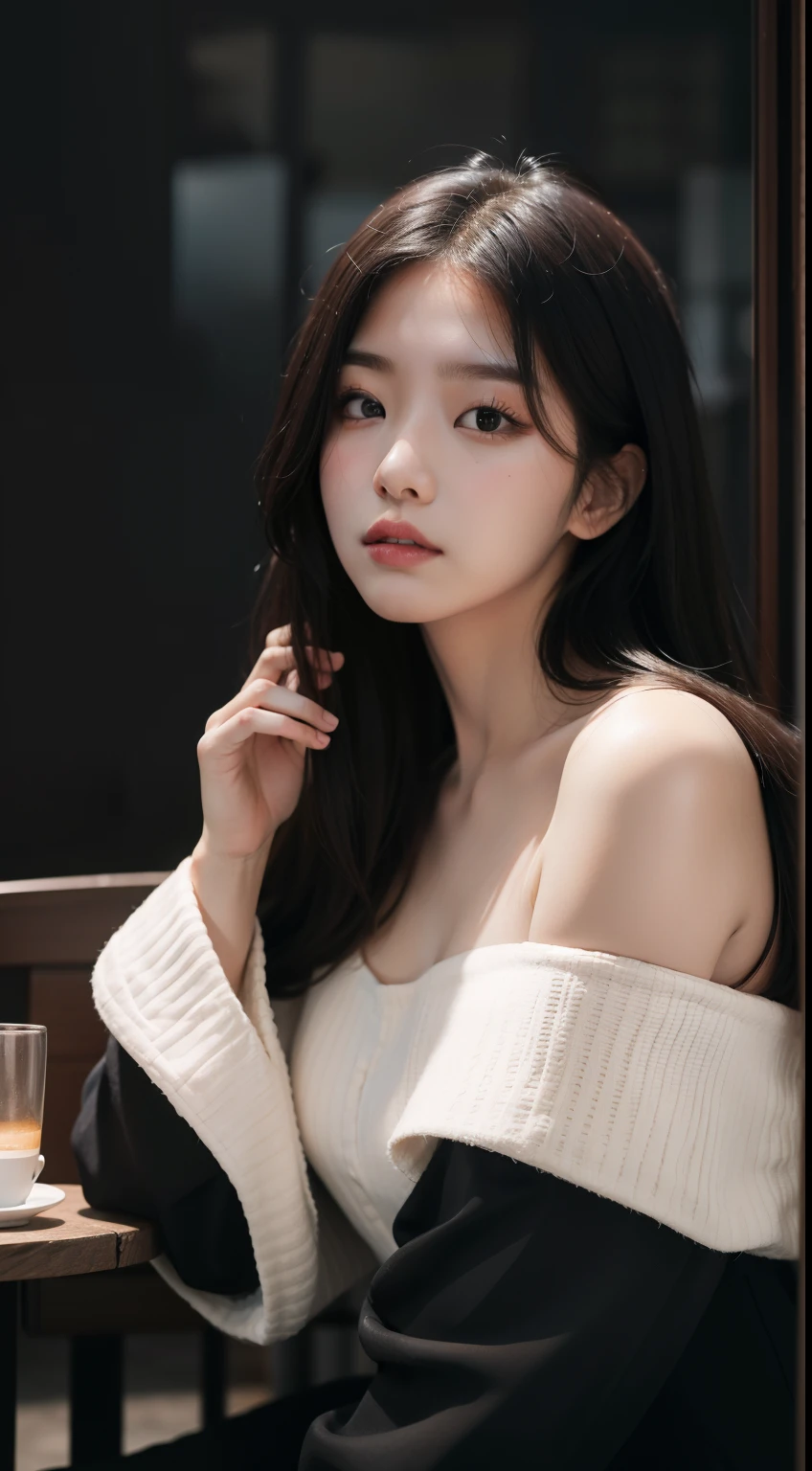 best qualityer, Masterpieces, Super high resolution, (photograph realistic:1.5), Original image,Pink dress ,Korean 1girl, offshoulder, In the dark, deepshadow, low tune, Cold light, Sexy look, long whitr hair,Cafe,pretty,lim light