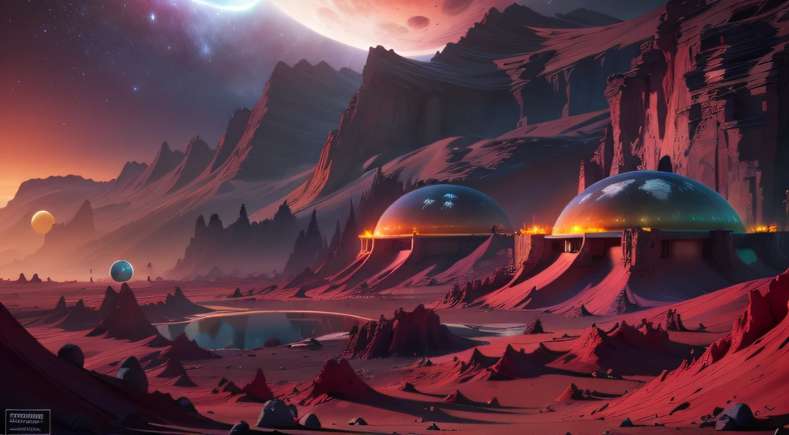 外星人墜落基地 (非常詳細) 在沙漠山區，有幾個排氣扇和黃色煙囪, 一些霓虹燈從底座射出，照亮黑暗的地方, (極端的夜晚), 夜空中有些雲, 一些周圍的行星為未知行星提供空氣，最遠的巨型火山正在噴發