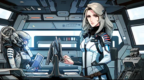 Raumschiffe und Planeten im Hintergrund mit einer Frau im Raumanzug, Mass Effect Fantasy,Girl in space, raytracing, Reflexionsli...