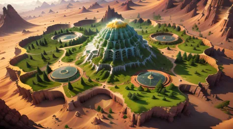 alien hexagonal base (very detailed) in a hexagonal mountainous oasis，there are several hexagonal exhaust fans and yellow chimne...