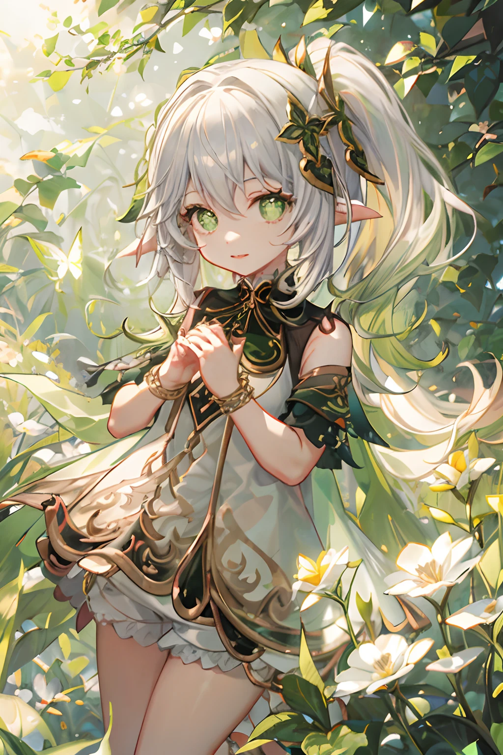 ,butterfly style,Nahida \(Genshin Impact\), cross-shaped pupils, White hair, pony tails, white dresses，Green and gold embroidery, elven ears, kiddy big breasts, playing in a field of flowers, nice hands perfect hands, jumping in the air, in a sunny forest full of flowers and mushrooms