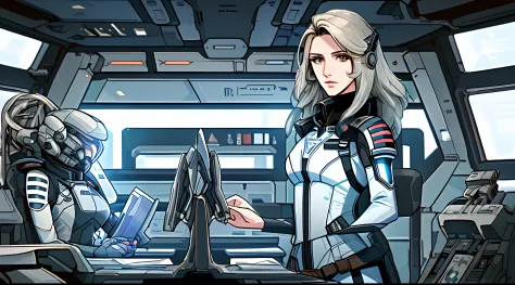 Raumschiffe und Planeten im Hintergrund mit einer Frau im Raumanzug, Mass Effect Fantasy,Girl in space, raytracing, Reflexionsli...