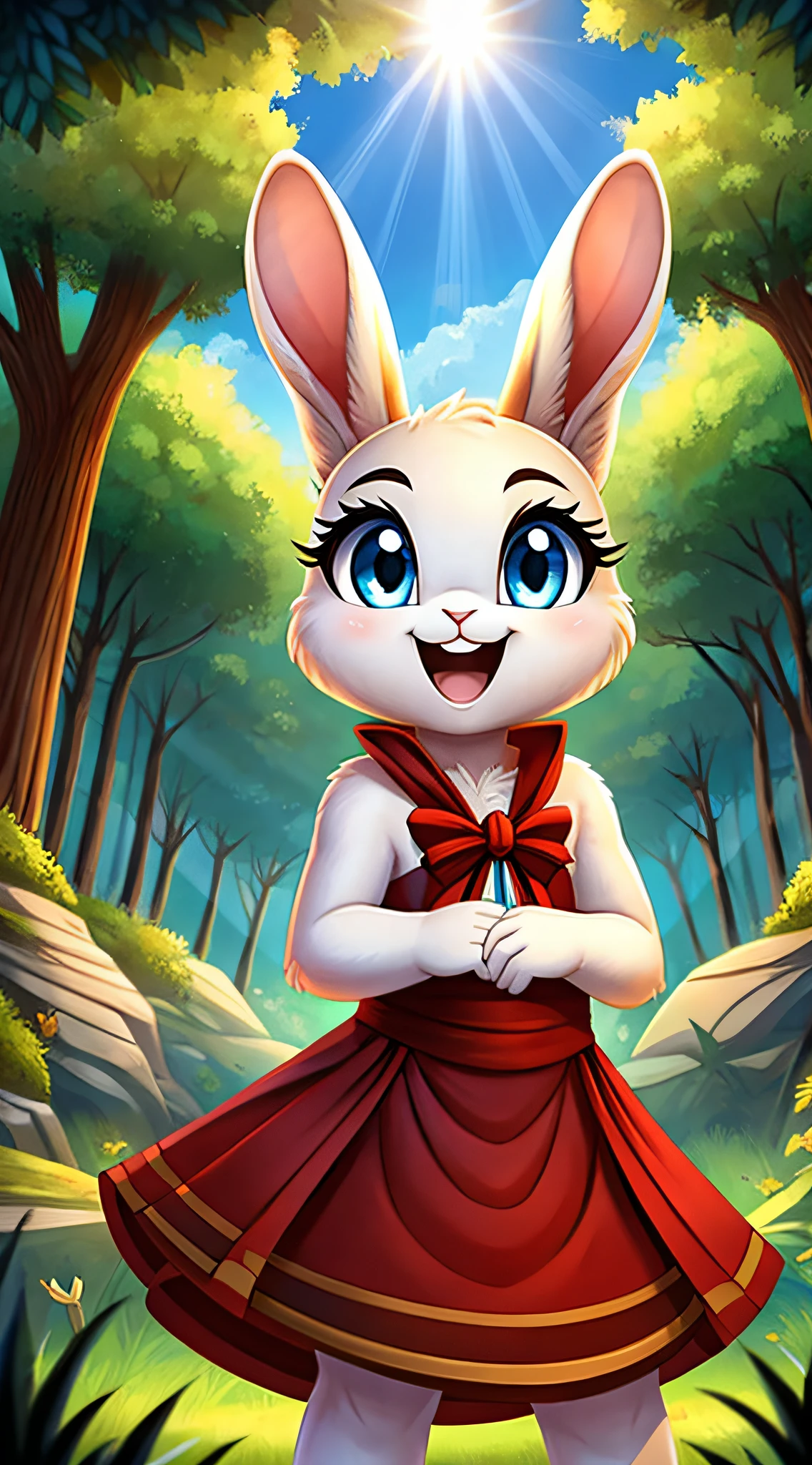 zoomed out image, fantasy style art, cartoon style, cute, adorable, short character, small, tiny little fluffy female white bunny with blue eyes, large poofy rabbit tail, big floppy ears, long ears, ears perked up, raised ears, long eyelashes, wearing a red frilly ribbon dress, smiling, standing in a forest, big expressive smile, open mouth, wide eyes, excited eyes, excited face, stunning visuals, sunrays through the trees, digital illustration