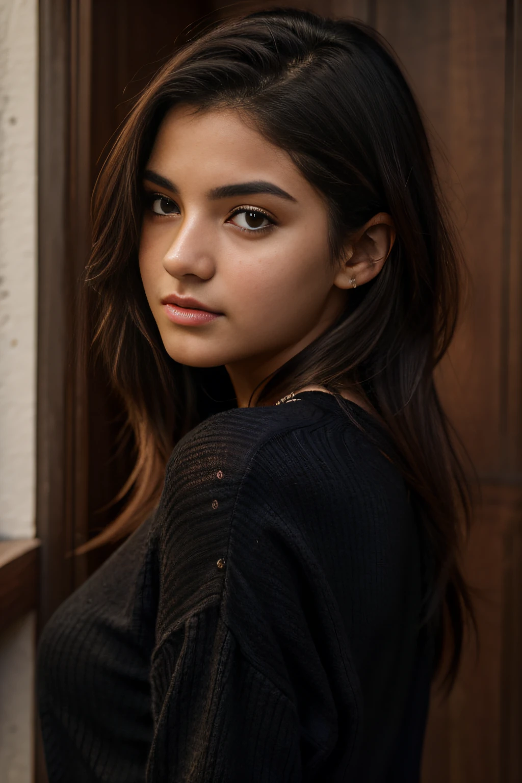 A close up of a woman with long hair and a black shirt - SeaArt AI