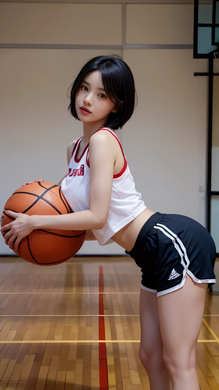 Arafed asian woman in a white shirt and black shorts holding a basketball -  SeaArt AI