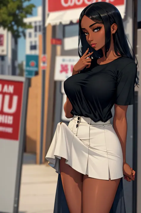 skirt, cloth bulge, 1girl, futanari, dark_skin, black_hair, t-shirt, large_breasts, erection_under_clothes,, beautiful, (masterp...