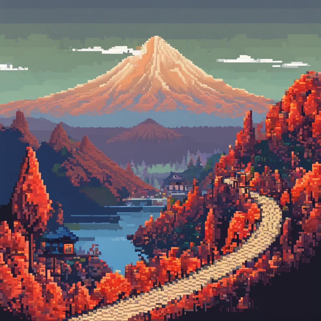 Evening. 3D пиксельная графика. A Japanese mountain road with many 