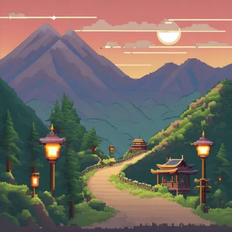 Evening. 3D пиксельная графика. A Japanese mountain road with many sharp turns is depicted, illuminated by faded old lanterns, Against the background of a high mountain
